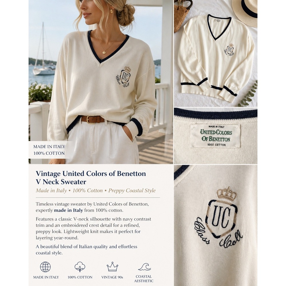 Vtg Benetton Italy V Neck Sweater Cream Navy Crest Preppy Coastal Knit Old Money